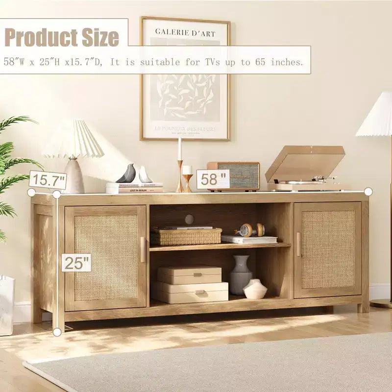 Meuble TV Bohème en Rotin avec Étagères Réglables et Rangement, Chêne Naturel
