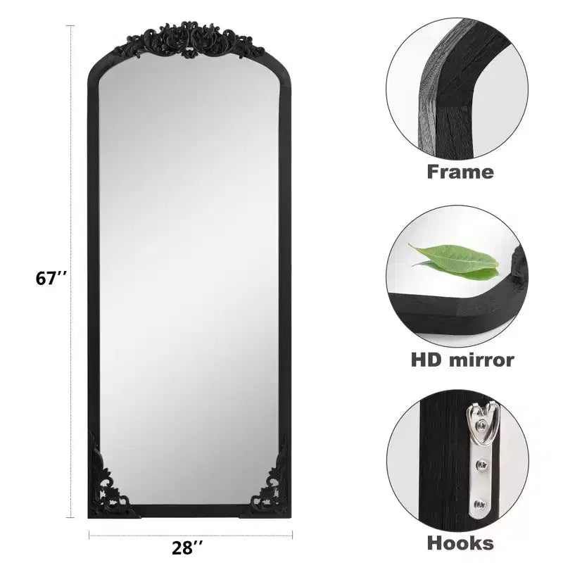 Miroir psyché en bois massif sculpté, encadré, arche rustique, 71 cm (l) x 170 cm (h), noir