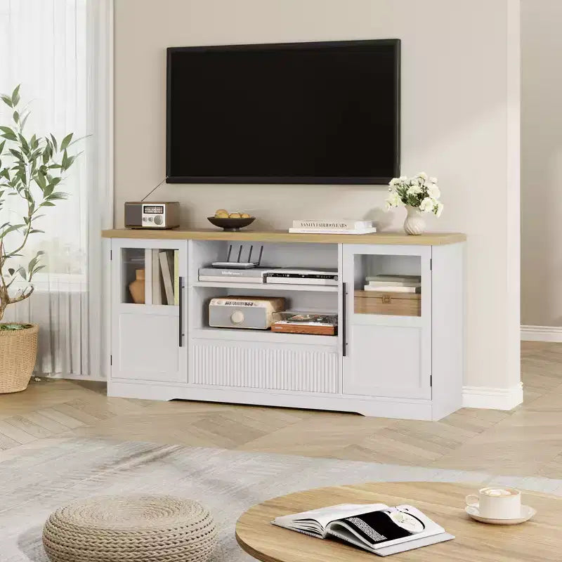 Meuble TV compatible avec les téléviseurs jusqu'à 72 pouces, meuble de divertissement avec motif ondulé et 2 armoires à portes vitrées, console multimédia TV avec 2 portes ouvertes (naturel+blanc)