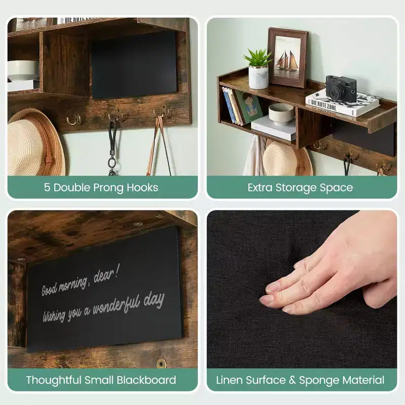Meuble d'entrée avec banc à chaussures industriel 6 en 1, portemanteau/porte-chaussures avec 5 crochets, 9 compartiments de rangement avec étagère et petit tableau noir