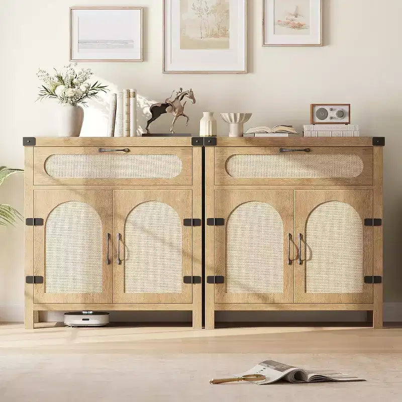 29.9 Petit buffet en rotin, console de bar à café de cuisine avec portes et tiroir, étagères réglables et poignées, style bohème rustique