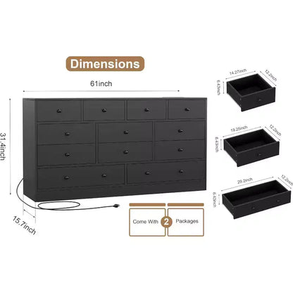 Commode à 12 tiroirs, commode noire à 61 grands tiroirs pour chambre à coucher, commodes et chiffonniers en bois pour chambre à coucher, salon