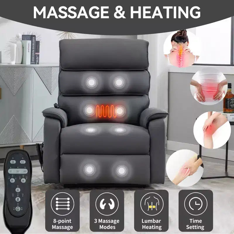 Fauteuil inclinable électrique double moteur à levage, position infinie, avec fonctions de chauffage, de massage et mécanisme robuste