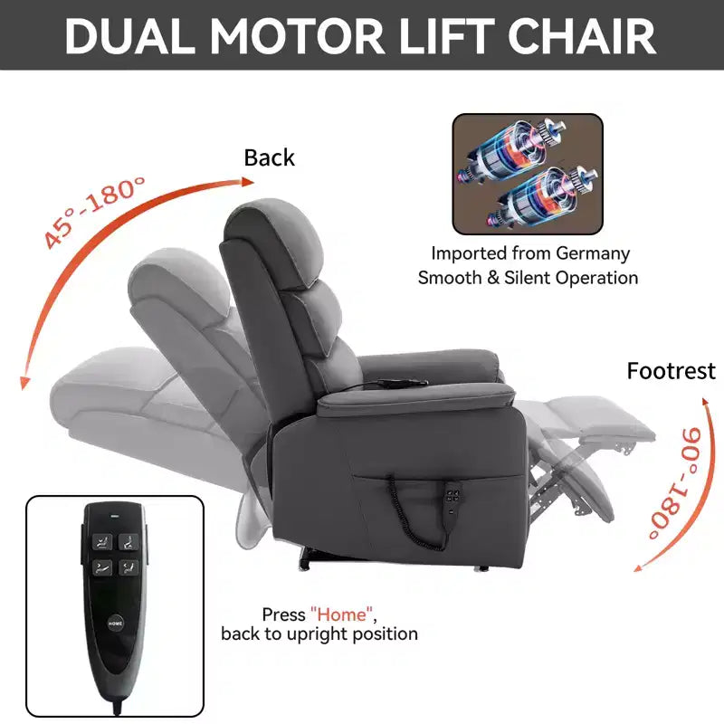 Fauteuil inclinable électrique double moteur à levage, position infinie, avec fonctions de chauffage, de massage et mécanisme robuste