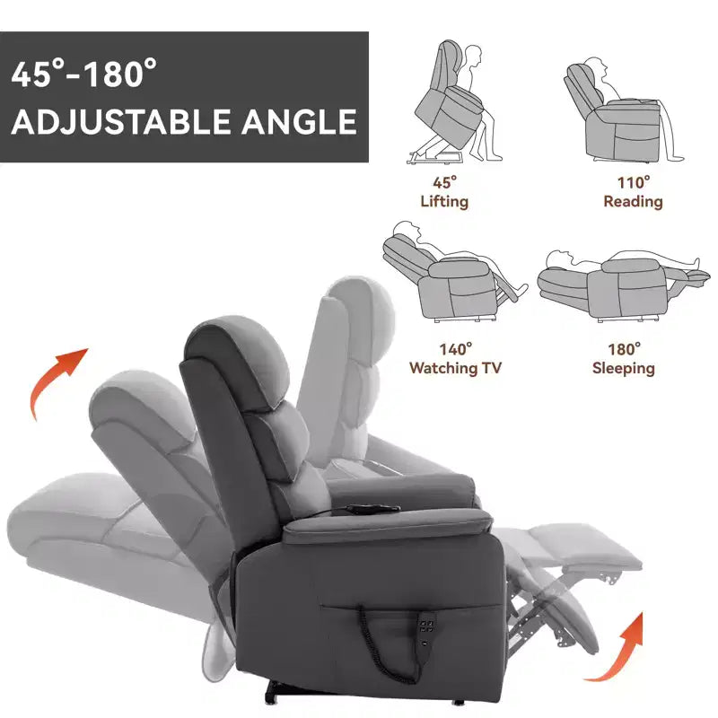 Fauteuil inclinable électrique double moteur à levage, position infinie, avec fonctions de chauffage, de massage et mécanisme robuste