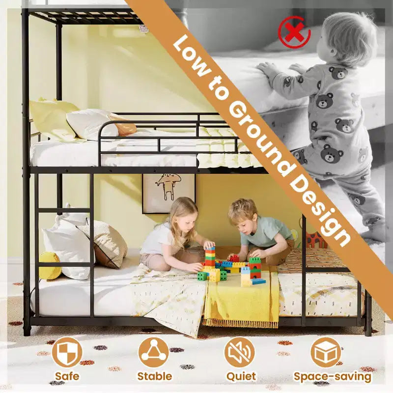 Lit superposé triple en métal robuste, trois couchages superposés avec deux échelles