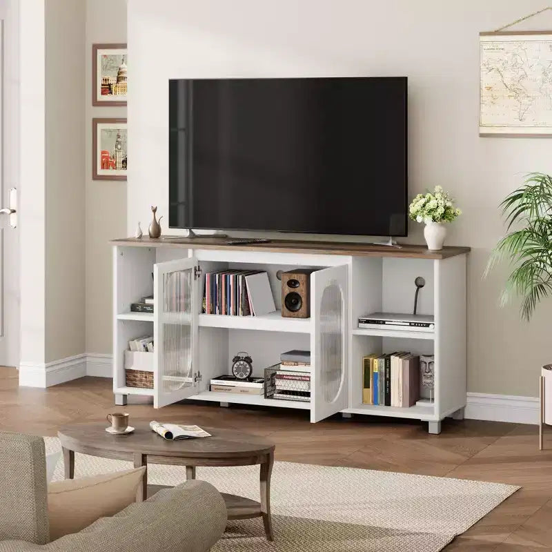 Meuble TV rustique pour téléviseur jusqu'à 70" avec portes en verre ondulé et étagères ouvertes pour salon