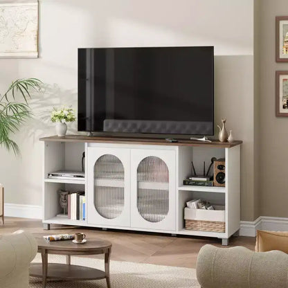 Meuble TV rustique pour téléviseur jusqu'à 70" avec portes en verre ondulé et étagères ouvertes pour salon