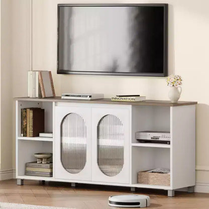 Meuble TV rustique pour téléviseur jusqu'à 70" avec portes en verre ondulé et étagères ouvertes pour salon