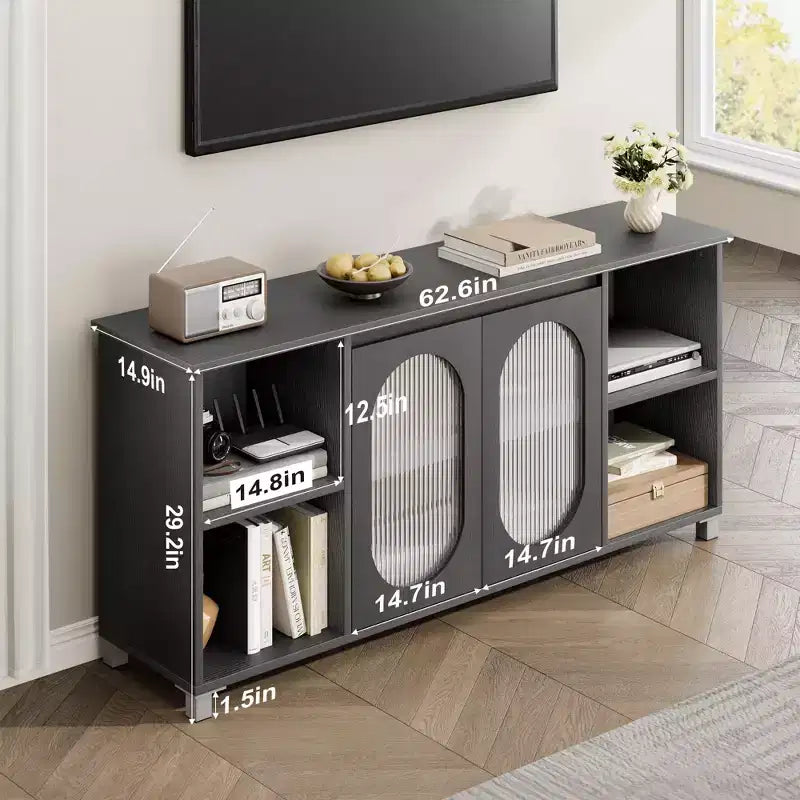 Meuble TV rustique pour téléviseur jusqu'à 70" avec portes en verre ondulé et étagères ouvertes pour salon