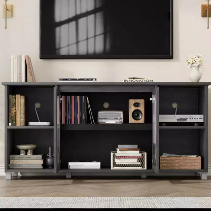 Meuble TV rustique pour téléviseur jusqu'à 70" avec portes en verre ondulé et étagères ouvertes pour salon