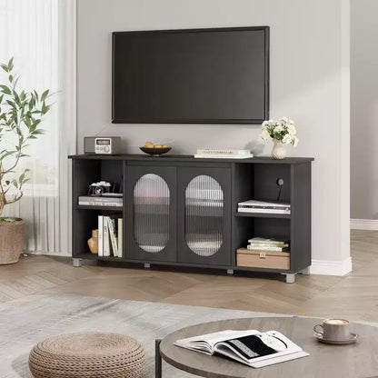 Meuble TV rustique pour téléviseur jusqu'à 70" avec portes en verre ondulé et étagères ouvertes pour salon