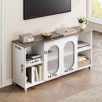 Meuble TV rustique pour téléviseur jusqu'à 70" avec portes en verre ondulé et étagères ouvertes pour salon
