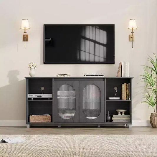 GustoWave TV Cabinet for up to 70 Inch TV, Rustic TV Stand with Corrugated Glass Doors & Open Shelves for Living Room