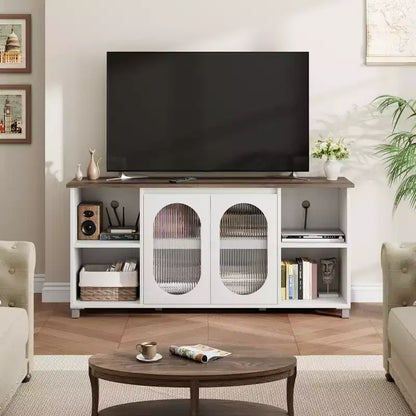 Meuble TV rustique pour téléviseur jusqu'à 70" avec portes en verre ondulé et étagères ouvertes pour salon