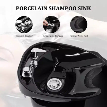 Bac à shampoing et fauteuil de coiffure électriques avec repose-jambes inclinable et lavabo en porcelaine basculant