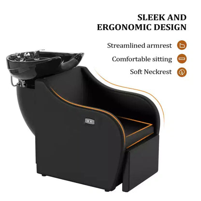Bac à shampoing et fauteuil de coiffure électriques avec repose-jambes inclinable et lavabo en porcelaine basculant
