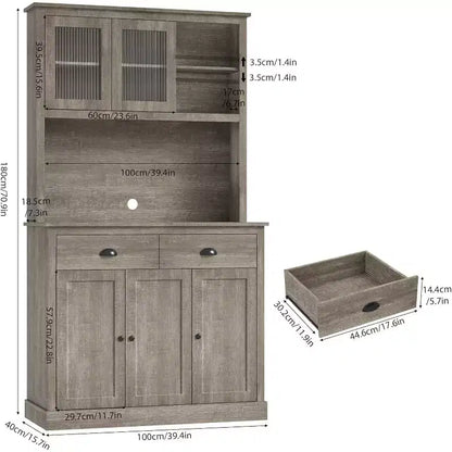 Armoire de cuisine haute à 5 portes avec support pour micro-ondes, buffet moderne, gris rustique, 180 cm