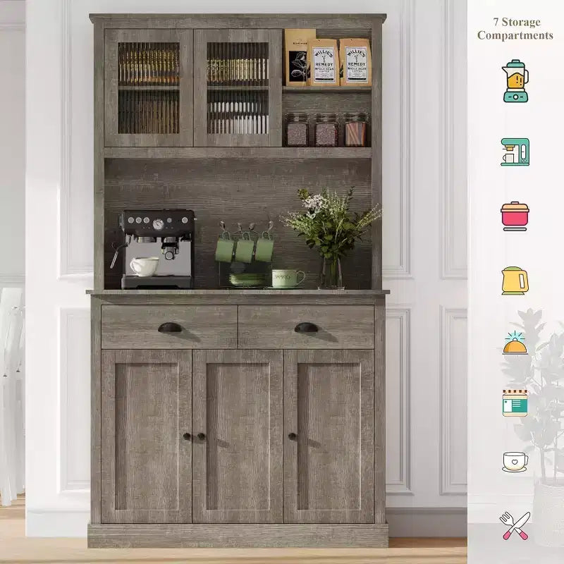Armoire de cuisine haute à 5 portes avec support pour micro-ondes, buffet moderne, gris rustique, 180 cm