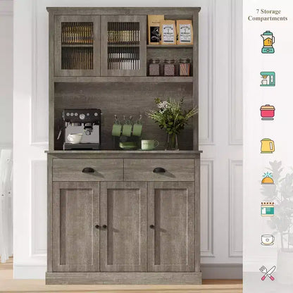 Armoire de cuisine haute à 5 portes avec support pour micro-ondes, buffet moderne, gris rustique, 180 cm