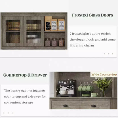 Armoire de cuisine haute à 5 portes avec support pour micro-ondes, buffet moderne, gris rustique, 180 cm