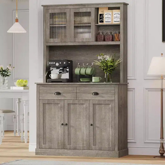 Armoire de cuisine haute à 5 portes avec support pour micro-ondes, buffet moderne, gris rustique, 180 cm
