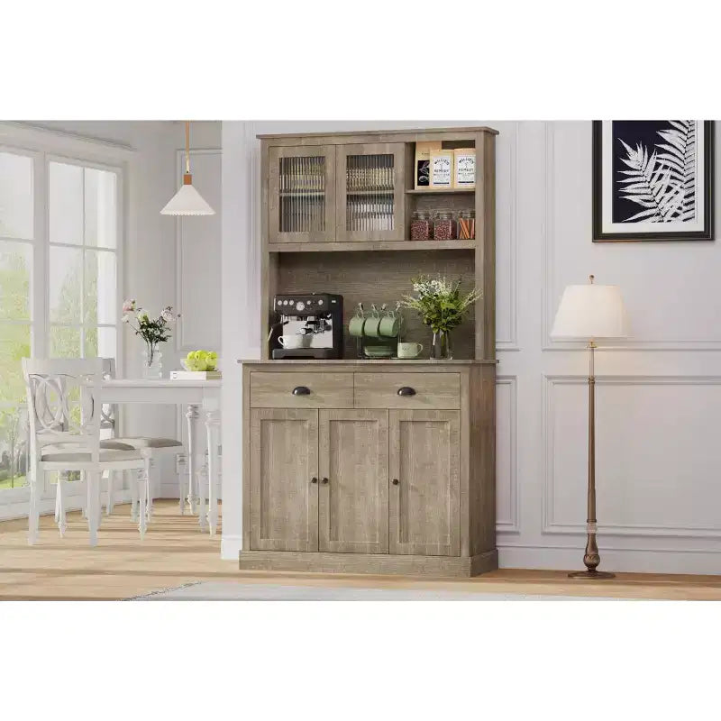 Armoire de cuisine haute à 5 portes avec support pour micro-ondes, buffet moderne, gris rustique, 180 cm