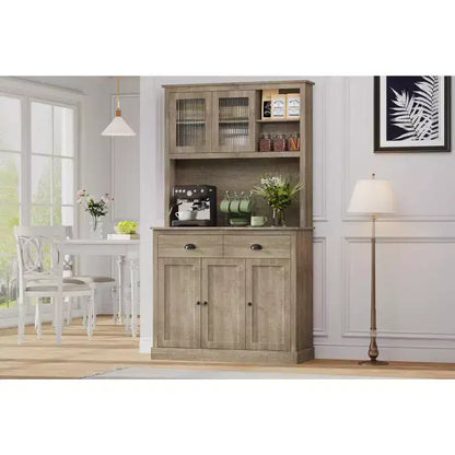 Armoire de cuisine haute à 5 portes avec support pour micro-ondes, buffet moderne, gris rustique, 180 cm