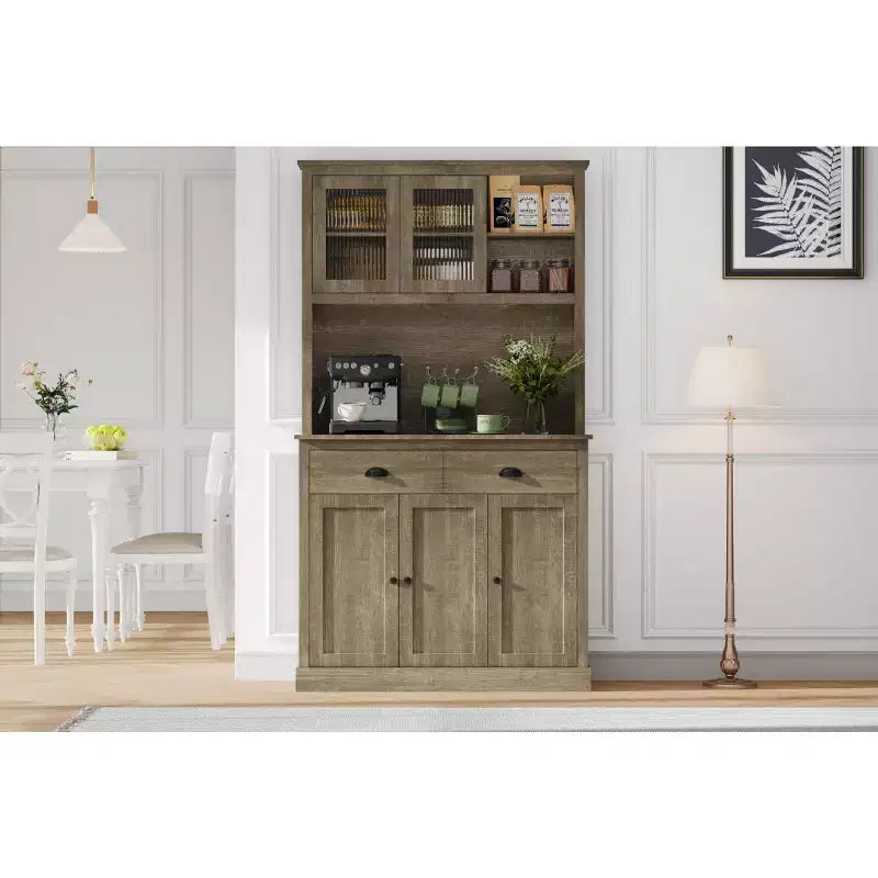 Armoire de cuisine haute à 5 portes avec support pour micro-ondes, buffet moderne, gris rustique, 180 cm
