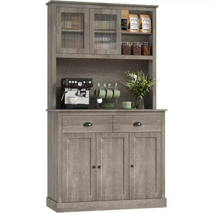 Armoire de cuisine haute à 5 portes avec support pour micro-ondes, buffet moderne, gris rustique, 180 cm