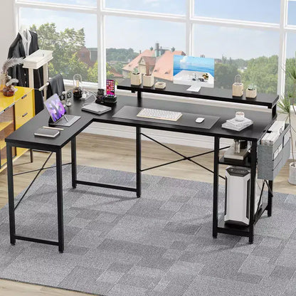 Bureau en L réversible de 54 pouces, bureau d'angle pour ordinateur, support d'écran, prises de courant, lumières LED, pour la maison, le bureau, la chambre