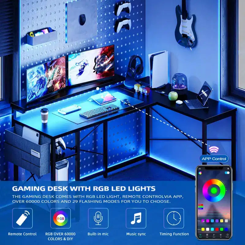 Bureau en L réversible de 54 pouces, bureau d'angle pour ordinateur, support d'écran, prises de courant, lumières LED, pour la maison, le bureau, la chambre
