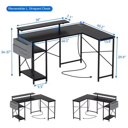 Bureau en L réversible de 54 pouces, bureau d'angle pour ordinateur, support d'écran, prises de courant, lumières LED, pour la maison, le bureau, la chambre