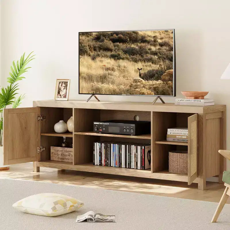 Meuble TV Bohème en Rotin avec Étagères Réglables et Rangement, Chêne Naturel
