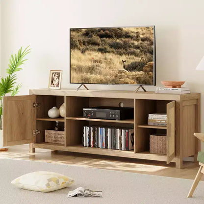Meuble TV Bohème en Rotin avec Étagères Réglables et Rangement, Chêne Naturel
