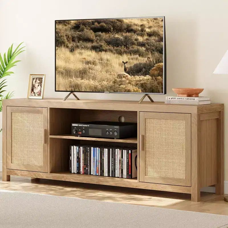 Meuble TV Bohème en Rotin avec Étagères Réglables et Rangement, Chêne Naturel