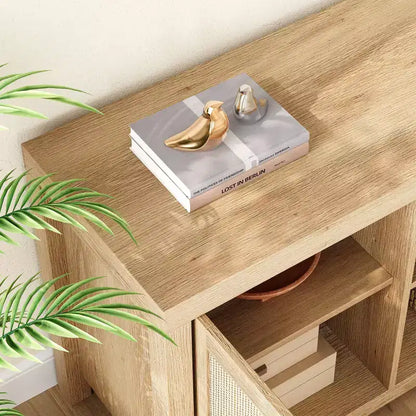 Meuble TV Bohème en Rotin avec Étagères Réglables et Rangement, Chêne Naturel