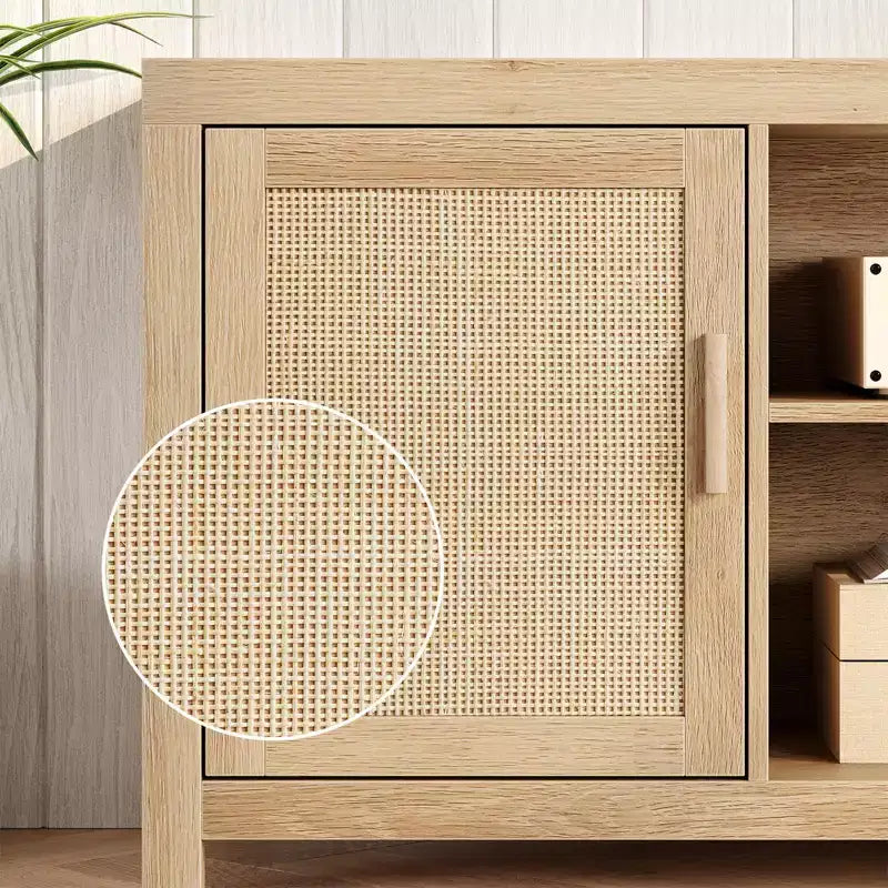 Meuble TV Bohème en Rotin avec Étagères Réglables et Rangement, Chêne Naturel