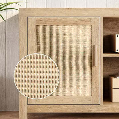 Meuble TV Bohème en Rotin avec Étagères Réglables et Rangement, Chêne Naturel