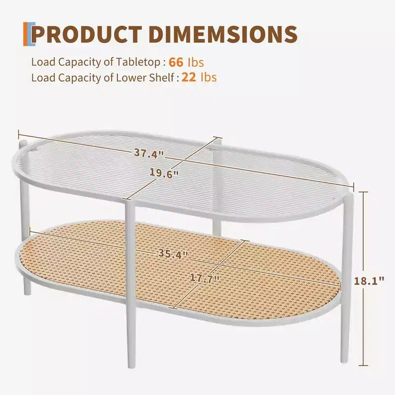 Table basse en rotin 37", table centrale ovale en bois à 2 niveaux avec plateau en verre trempé, table d'appoint de cocktail pour salon, chambre, bureau
