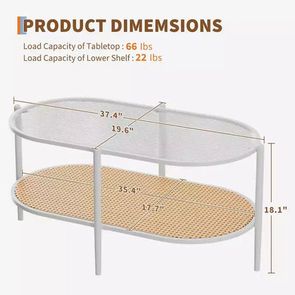 Table basse en rotin 37", table centrale ovale en bois à 2 niveaux avec plateau en verre trempé, table d'appoint de cocktail pour salon, chambre, bureau