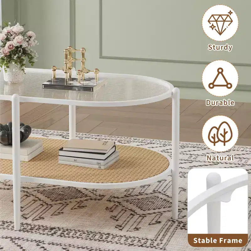 Table basse en rotin 37", table centrale ovale en bois à 2 niveaux avec plateau en verre trempé, table d'appoint de cocktail pour salon, chambre, bureau