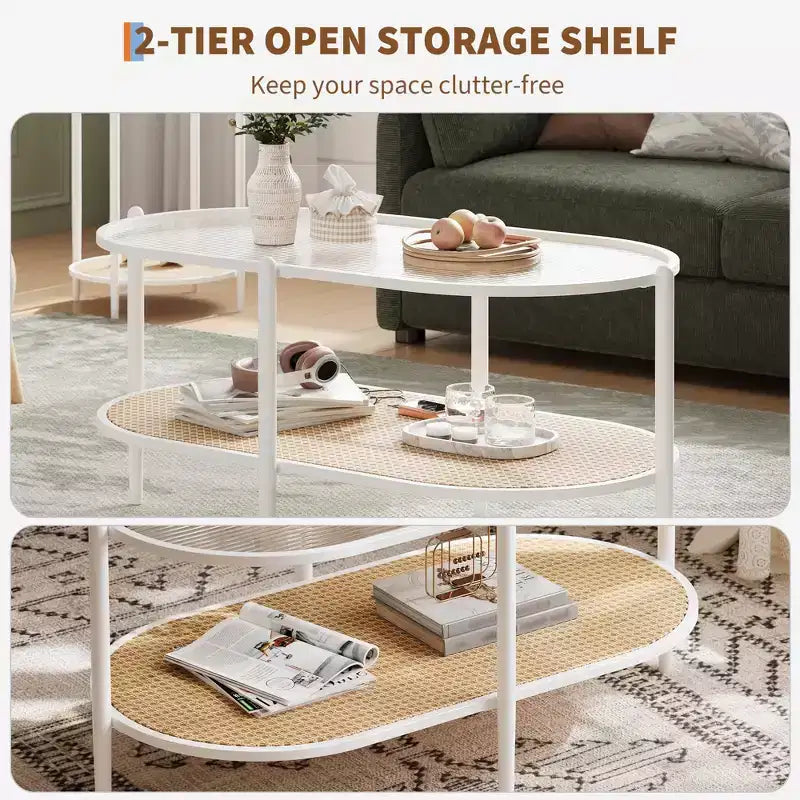 Table basse en rotin 37", table centrale ovale en bois à 2 niveaux avec plateau en verre trempé, table d'appoint de cocktail pour salon, chambre, bureau