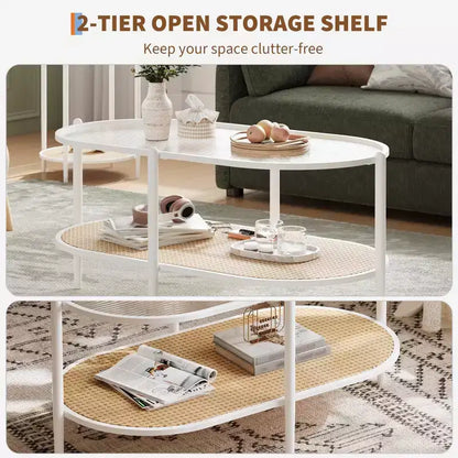 Table basse en rotin 37", table centrale ovale en bois à 2 niveaux avec plateau en verre trempé, table d'appoint de cocktail pour salon, chambre, bureau