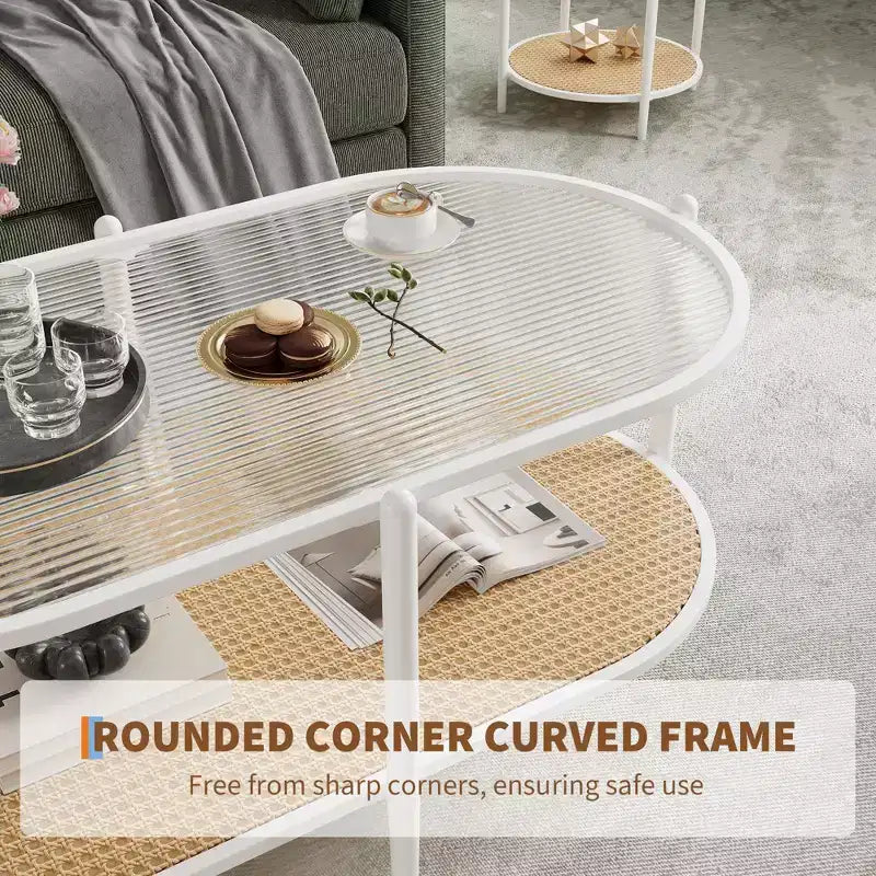 Table basse en rotin 37", table centrale ovale en bois à 2 niveaux avec plateau en verre trempé, table d'appoint de cocktail pour salon, chambre, bureau