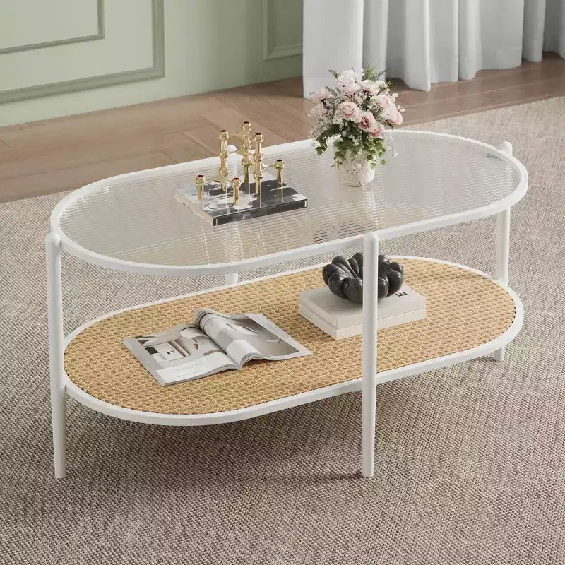 Table basse en rotin 37", table centrale ovale en bois à 2 niveaux avec plateau en verre trempé, table d'appoint de cocktail pour salon, chambre, bureau