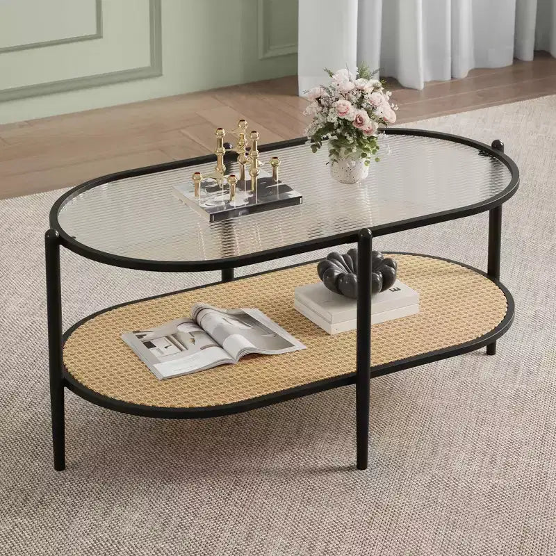 Table basse en rotin 37", table centrale ovale en bois à 2 niveaux avec plateau en verre trempé, table d'appoint de cocktail pour salon, chambre, bureau