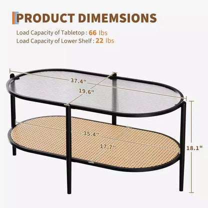 Table basse en rotin 37", table centrale ovale en bois à 2 niveaux avec plateau en verre trempé, table d'appoint de cocktail pour salon, chambre, bureau