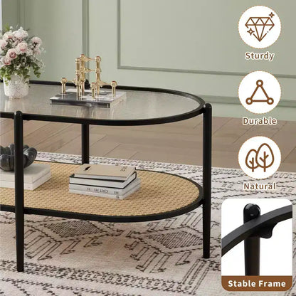 Table basse en rotin 37", table centrale ovale en bois à 2 niveaux avec plateau en verre trempé, table d'appoint de cocktail pour salon, chambre, bureau