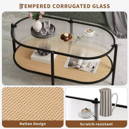 Table basse en rotin 37", table centrale ovale en bois à 2 niveaux avec plateau en verre trempé, table d'appoint de cocktail pour salon, chambre, bureau